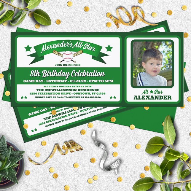 Green & White Photo Baseball Game Ticket Birthday Invitation (Creator Uploaded)