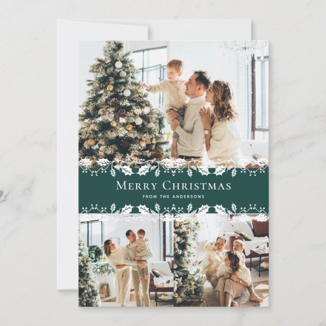 Green White Photo Collage Merry Christmas Card (Front)