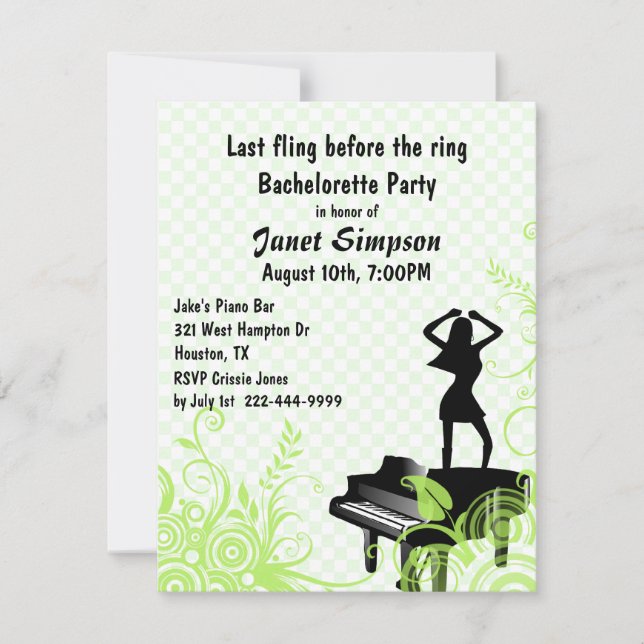 Green & White Piano Bar Bachelorette Party Invitation (Front)