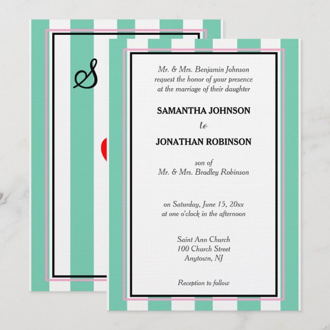 Green White Pink Beachy Stripes Wedding Monogram Invitation (Front/Back)