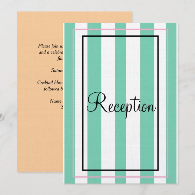 Green White Pink Beige Monogram Stripes Reception Invitation (Front/Back)