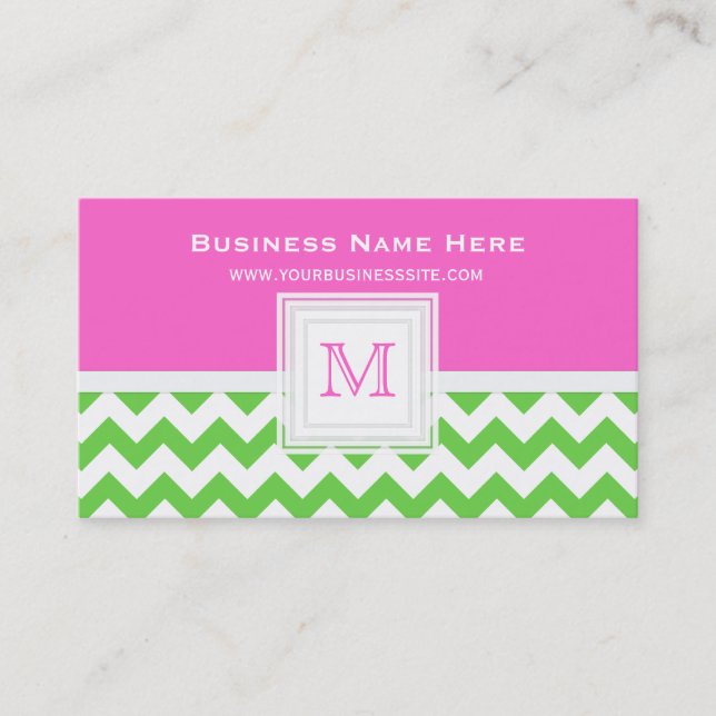 Green White Pink Chevron: Monogram Business Card (Front)