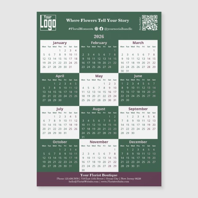 Green, White, Pink Your Logo 2026 Magnet Calendar (Front)