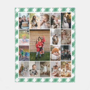 Green White Plaid Border 17 Family Photo Collage Fleece Blanket