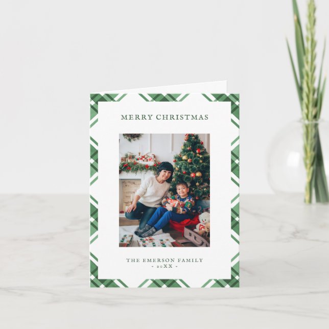 Green White Plaid Folded Holiday Card (Front)