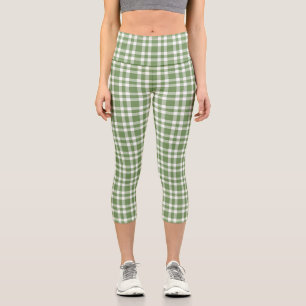 Green White Plaid Pattern Capri Leggings