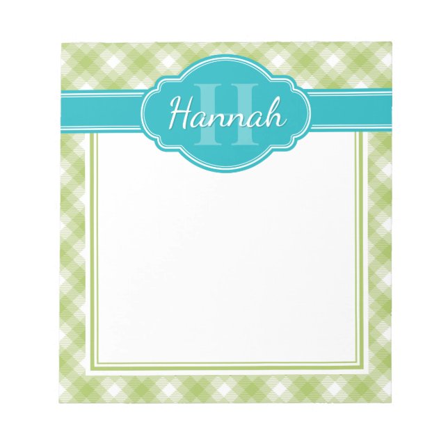 Green White Plaid Pattern Teal Monogram Notepad (Front)