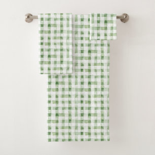 Green White Plaid Stripes Bath Towel Set