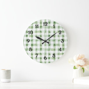 Green White Plaid Stripes Large Clock