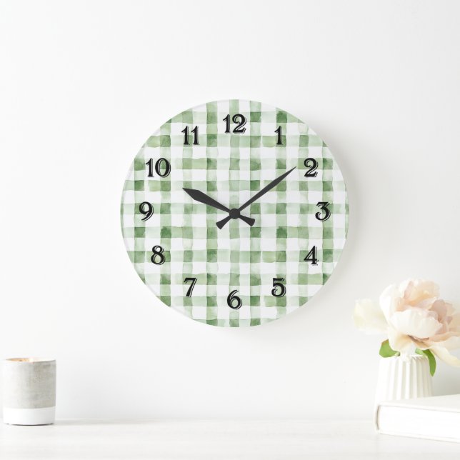 Green White Plaid Stripes   Large Clock (Home)