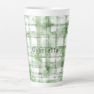 Green White Plaid Stripes Latte Mug