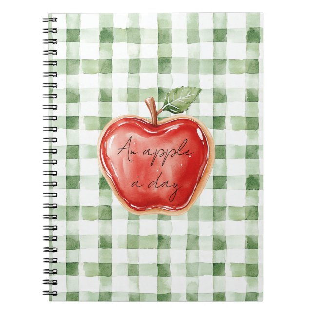 Green White Plaid Stripes Red Apple A Day Notebook (Front)