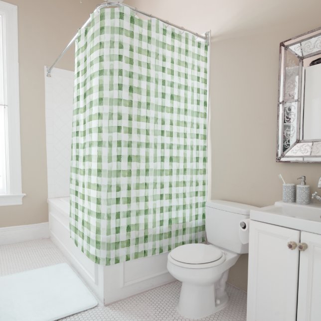 Green White Plaid Stripes Shower Curtain (In Situ)