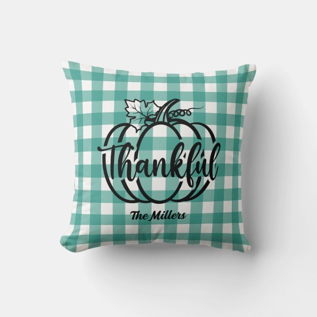 Green White Plaid Thanksgiving Cosy Rustic Fall Cushion (Front)