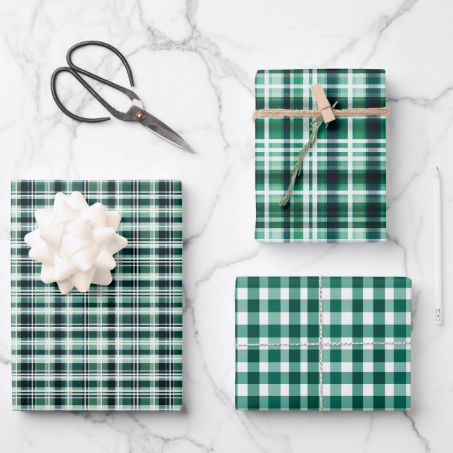 Green & White Plaid Trio Wrapping Paper Sheet (Front)