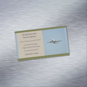 Green White Plane Agent Aeroplane Travel Agency  Magnetic Business Card