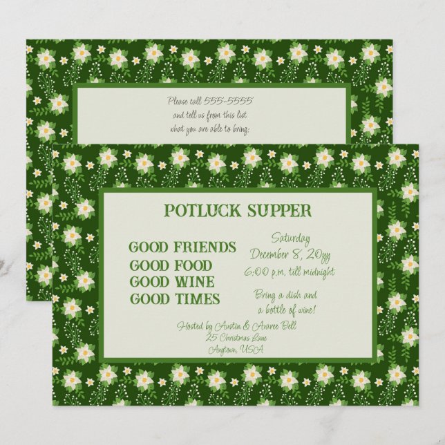Green White Poinsettia Christmas POT LUCK Supper Invitation (Front/Back)