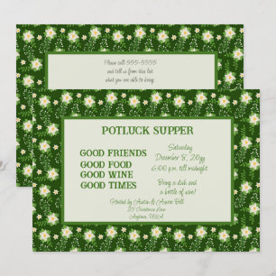 Green White Poinsettia Christmas POT LUCK Supper Invitation