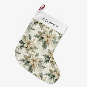 Green White Poinsettia Floral Christmas   Large Christmas Stocking