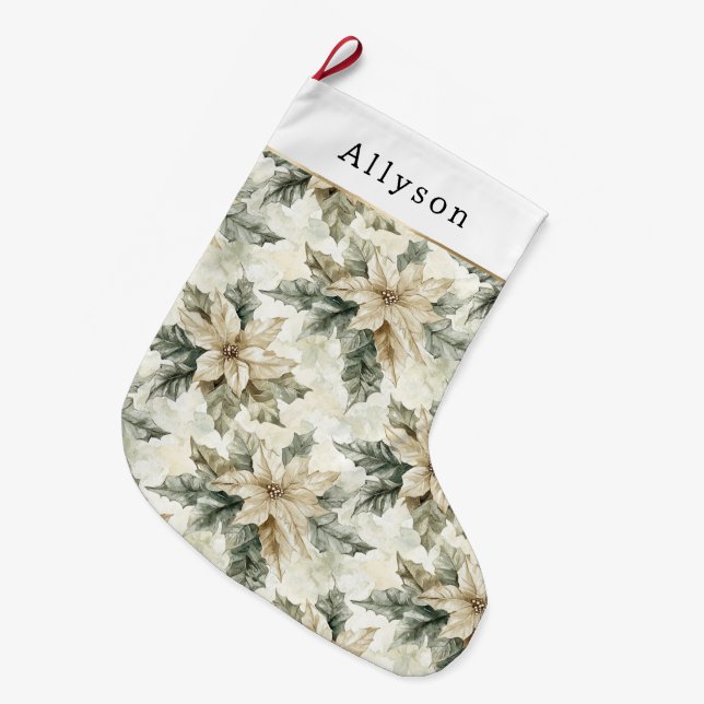 Green White Poinsettia Floral Christmas   Large Christmas Stocking (Front (Hanging))