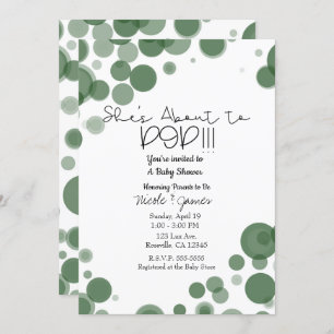 Green & White Polka Dot Bubbles She's About to POP Invitation