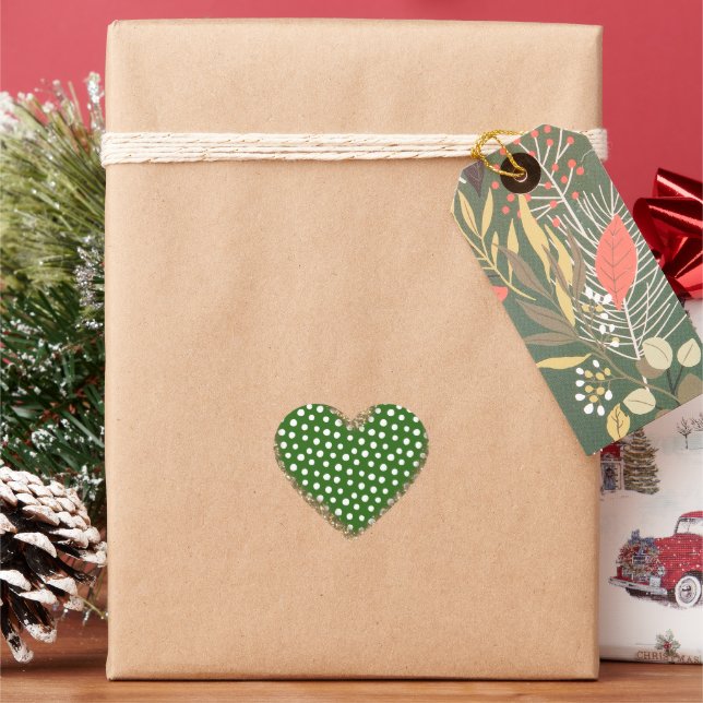 Green White Polka Dots Gold Glitter Heart Sticker (Holiday)
