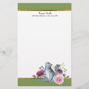 Green White Polka Dots Gold Grey Cat Flowers Stationery
