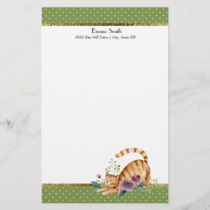Green White Polka Dots Gold Tiger Cat Stationery