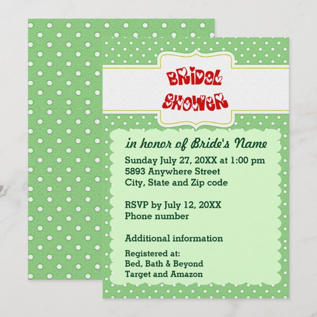 Green & White Polka Dots Heart Text Bridal Shower Invitation (Front/Back)