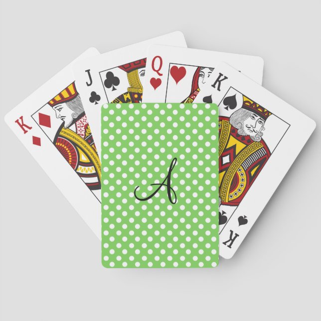 Green white polka dots monogram playing cards (Back)