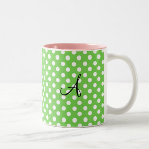 Green white polka dots monogram Two-Tone coffee mug