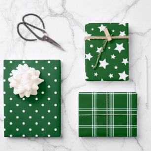 Green White Polka Dots Stars Plaid Holiday Wrapping Paper Sheet
