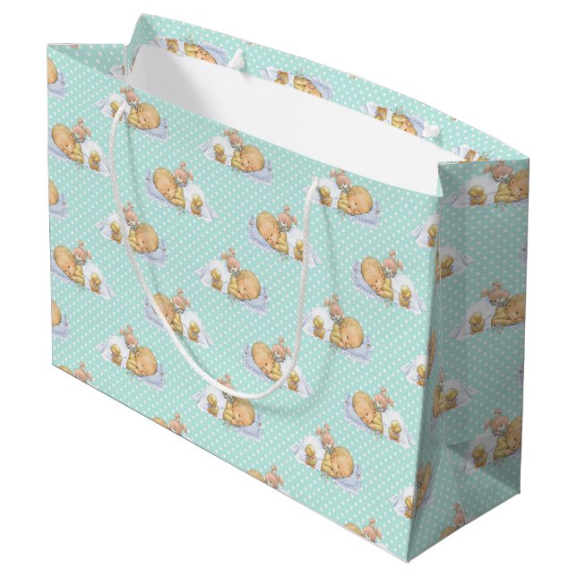 GREEN & WHITE POLKA DOTS WITH SLEEPING BABY LARGE GIFT BAG (Back Angled)