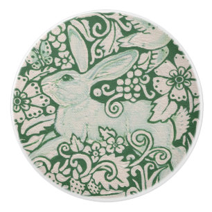 Green White Rabbit Floral Folk Drawer Pull Knob