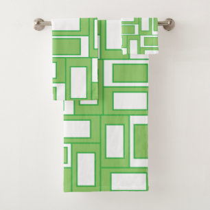 Green White Rectangles Geometric Pattern Bath Towel Set
