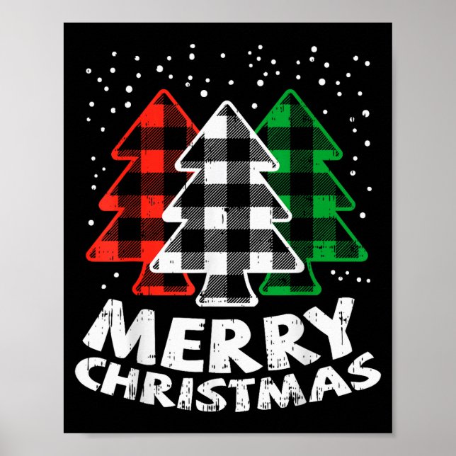 Green White Red Buffalo Plaid Merry Christmas Tree Poster (Front)