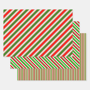 Green, White, Red Christmas Themed Stripes Wrapping Paper Sheet