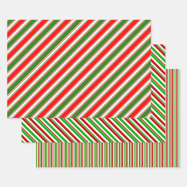 Green, White, Red Christmas Themed Stripes Wrapping Paper Sheet (Set)