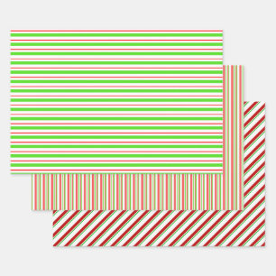 Green, White, Red Colored Christmas Style Stripes Wrapping Paper Sheet