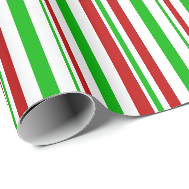 Green, White, Red Colored Christmas Themed Lines Wrapping Paper (Roll Corner)