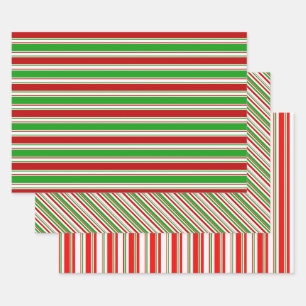 Green, White, Red Coloured Christmas-Style Lines Wrapping Paper Sheet
