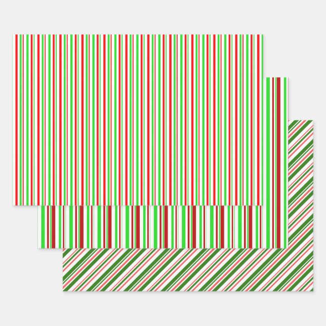 Green, White, Red Coloured Christmas Style Stripes Wrapping Paper Sheet (Set)