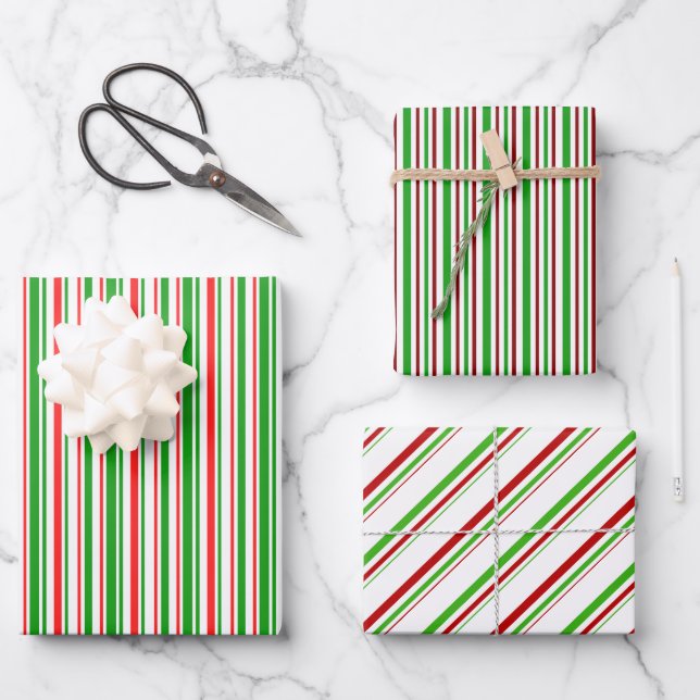 Green, White, Red Coloured Christmas Style Stripes Wrapping Paper Sheet (Front)