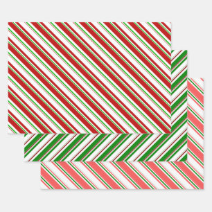 Green, White, Red Coloured Christmas Style Stripes Wrapping Paper Sheet