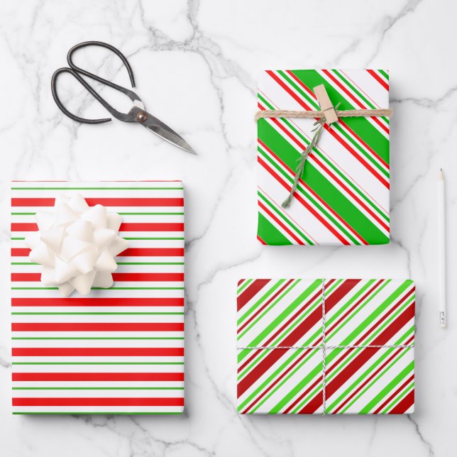 Green, White, Red Coloured Christmas Style Stripes Wrapping Paper Sheet (Front)