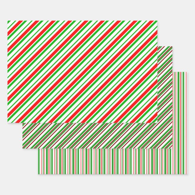 Green, White, Red Coloured Christmas-Style Stripes Wrapping Paper Sheet (Set)