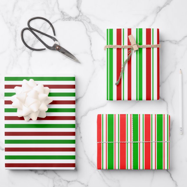 Green, White, Red Coloured Christmas Style Stripes Wrapping Paper Sheet (Front)