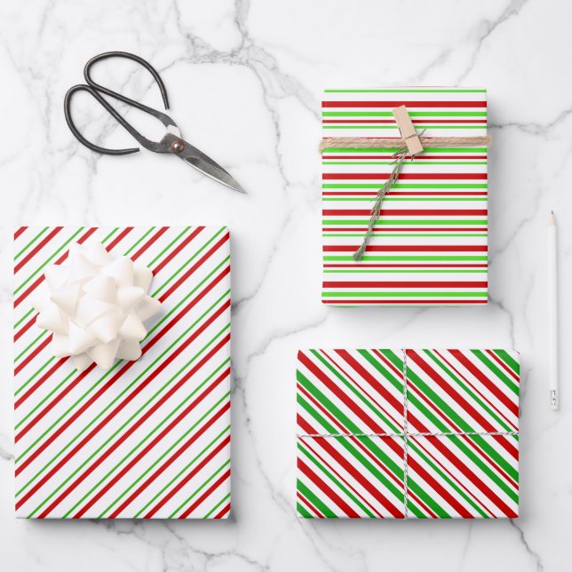 Green, White, Red Coloured Christmas-Style Stripes Wrapping Paper Sheet (Front)