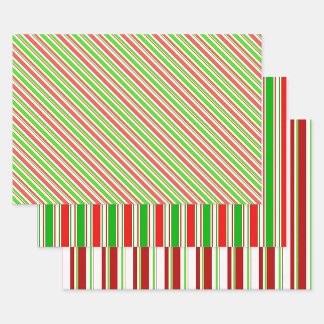 Green, White, Red Coloured Christmas-Style Stripes Wrapping Paper Sheet (Set)