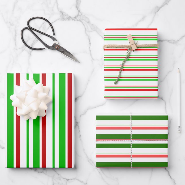 Green, White, Red Coloured Christmas Themed Lines Wrapping Paper Sheet (Front)